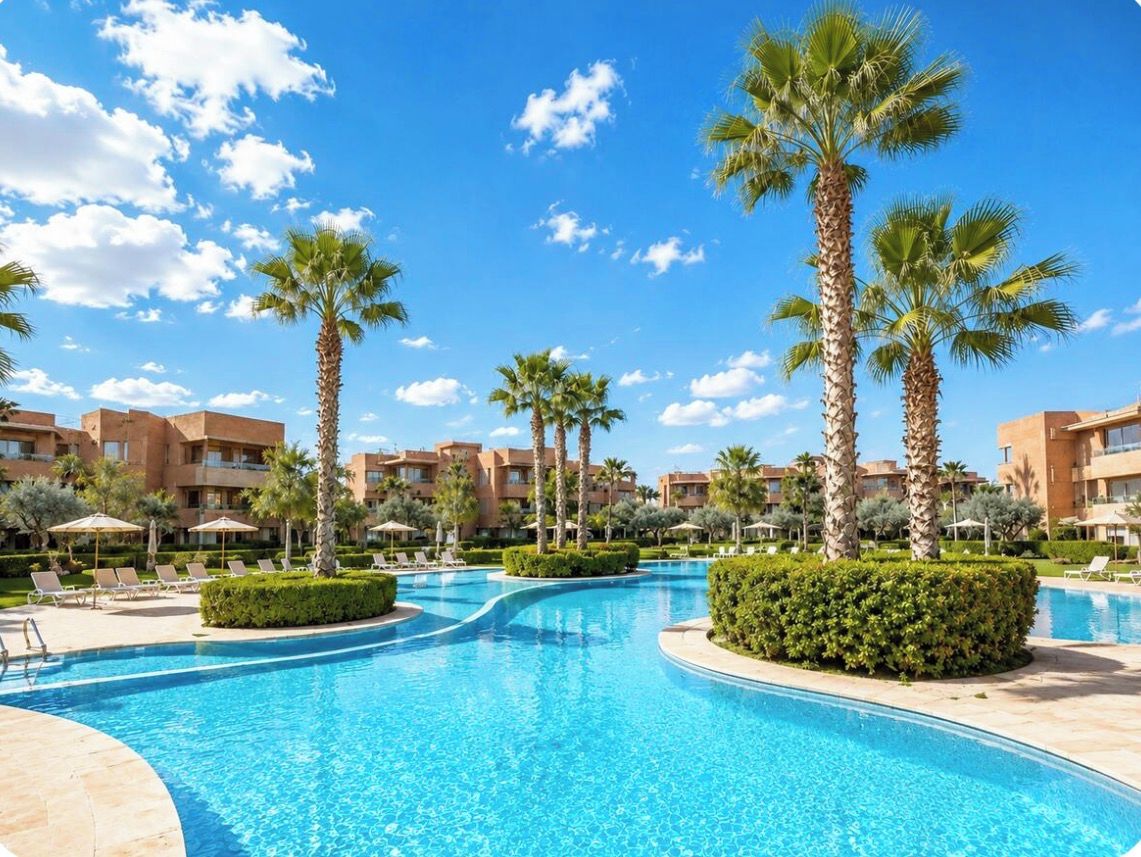 A resort pool with palm trees and lounge chairs, surrounded by buildings.