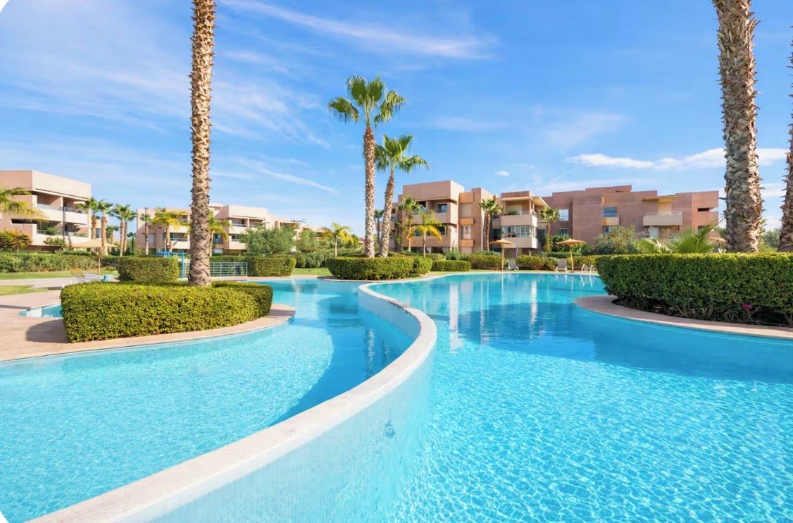 Une piscine au design incurvé, entourée de palmiers et surplombée d’un ciel bleu azur.