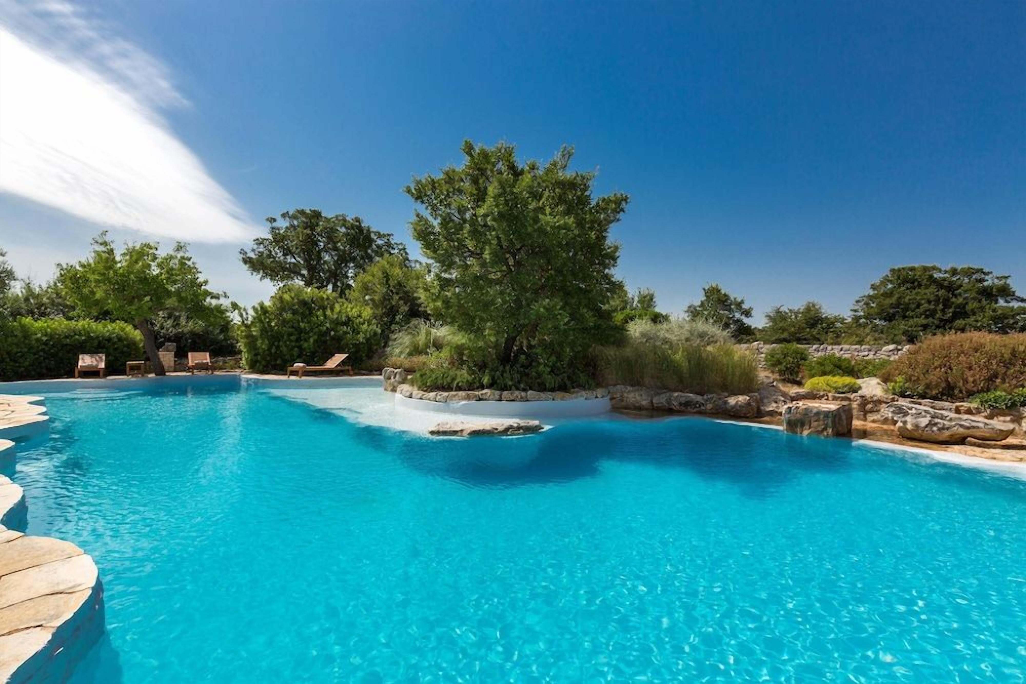 A clear blue swimming pool with a stone deck, surrounded by greenery and trees.