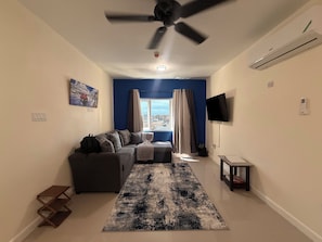 Un salon avec un canapé, un téléviseur, un ventilateur de plafond et une fenêtre avec des rideaux.