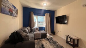 Una sala de estar con sofá, televisor, ventana con cortinas y vista al exterior.