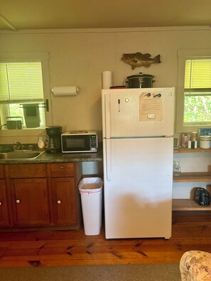 A kitchen with a refrigerator, microwave, sink, and wooden cabinets.