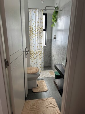 Et badeværelse med toilet, bruser og håndvask.