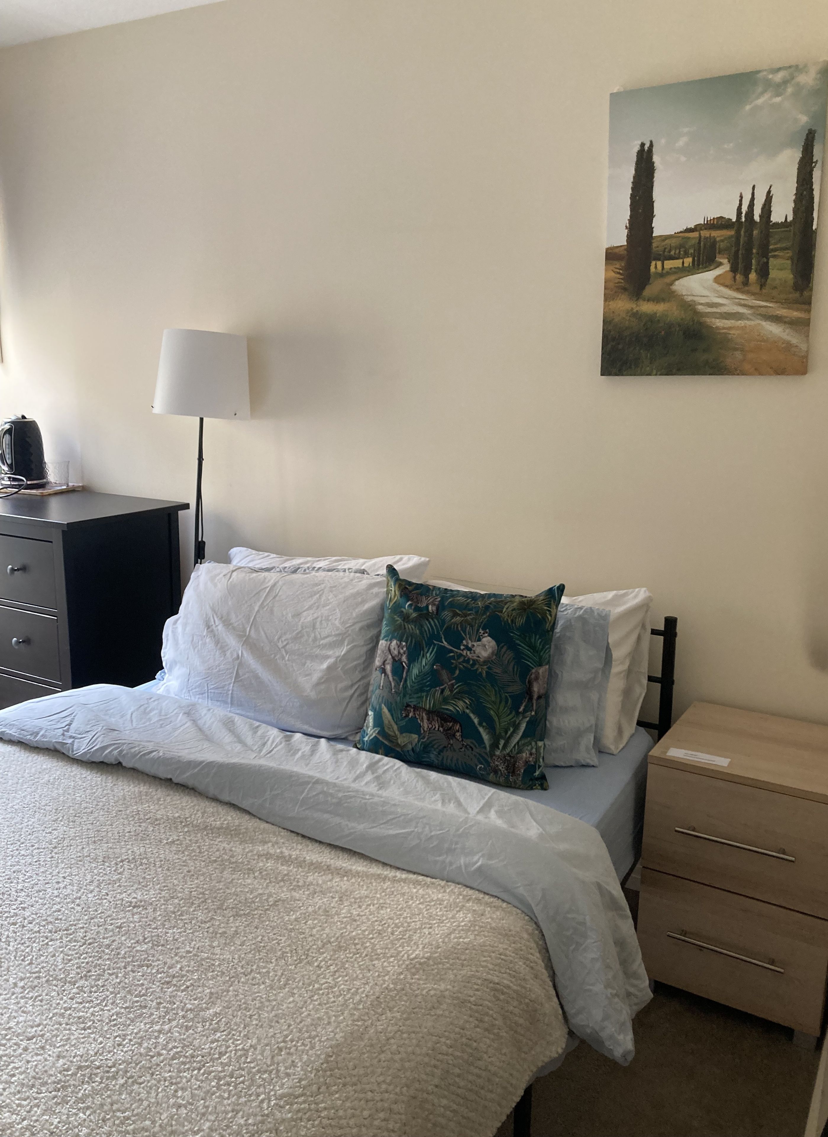 A neatly made bed with white bedding and a single decorative pillow, a bedside table with a lamp, and a wall-mounted painting of a landscape.