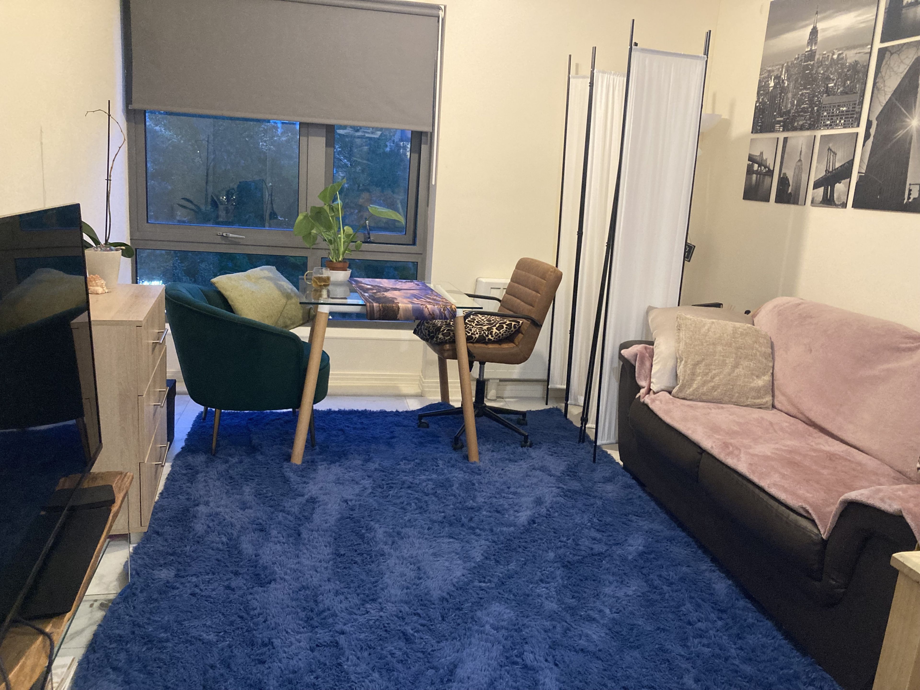 A living room with a blue carpet, a green armchair, a brown chair, a pink sofa, a glass table, and a window with blinds.