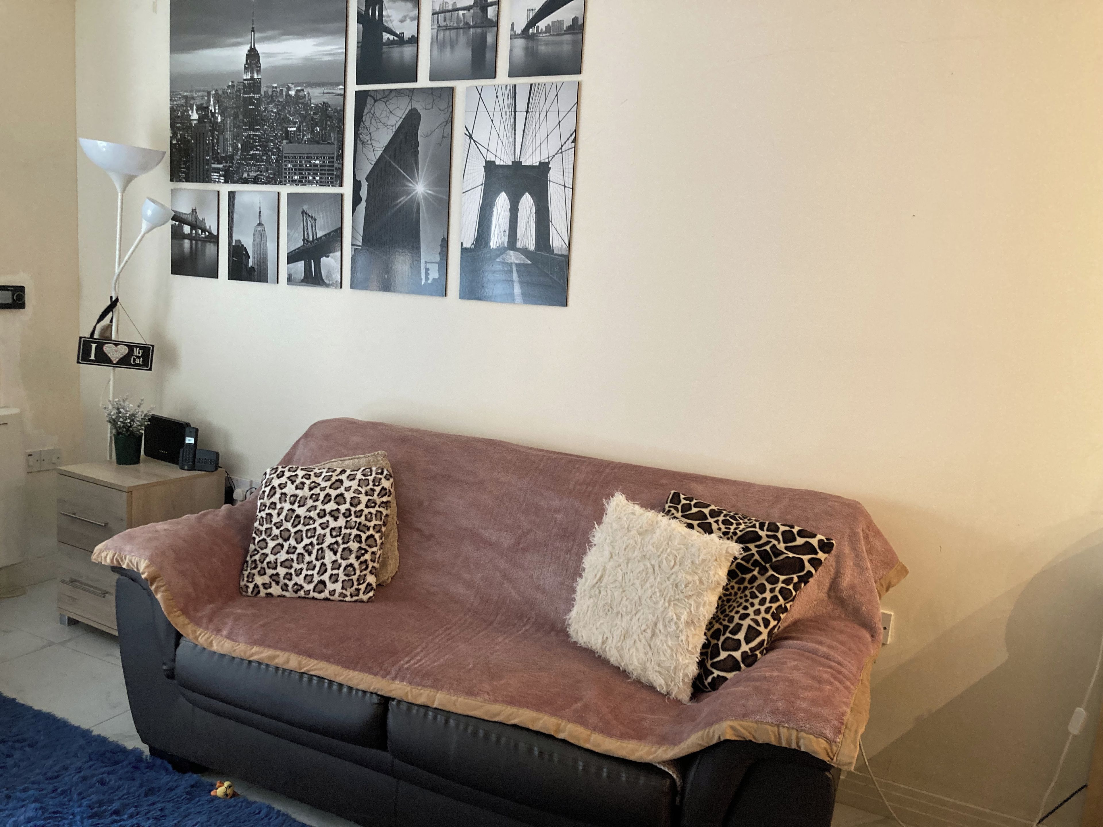Ein Wohnzimmer mit einer Couch, leopardenmuster Kissen, einer Lampe und einer Wand mit Stadtansichten.