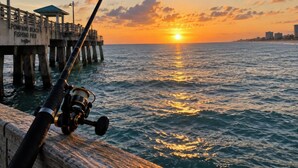 Una caña de pescar en un muelle con un cartel que dice 'Pompano Beach Fishing Pier' y una barandilla de madera.
