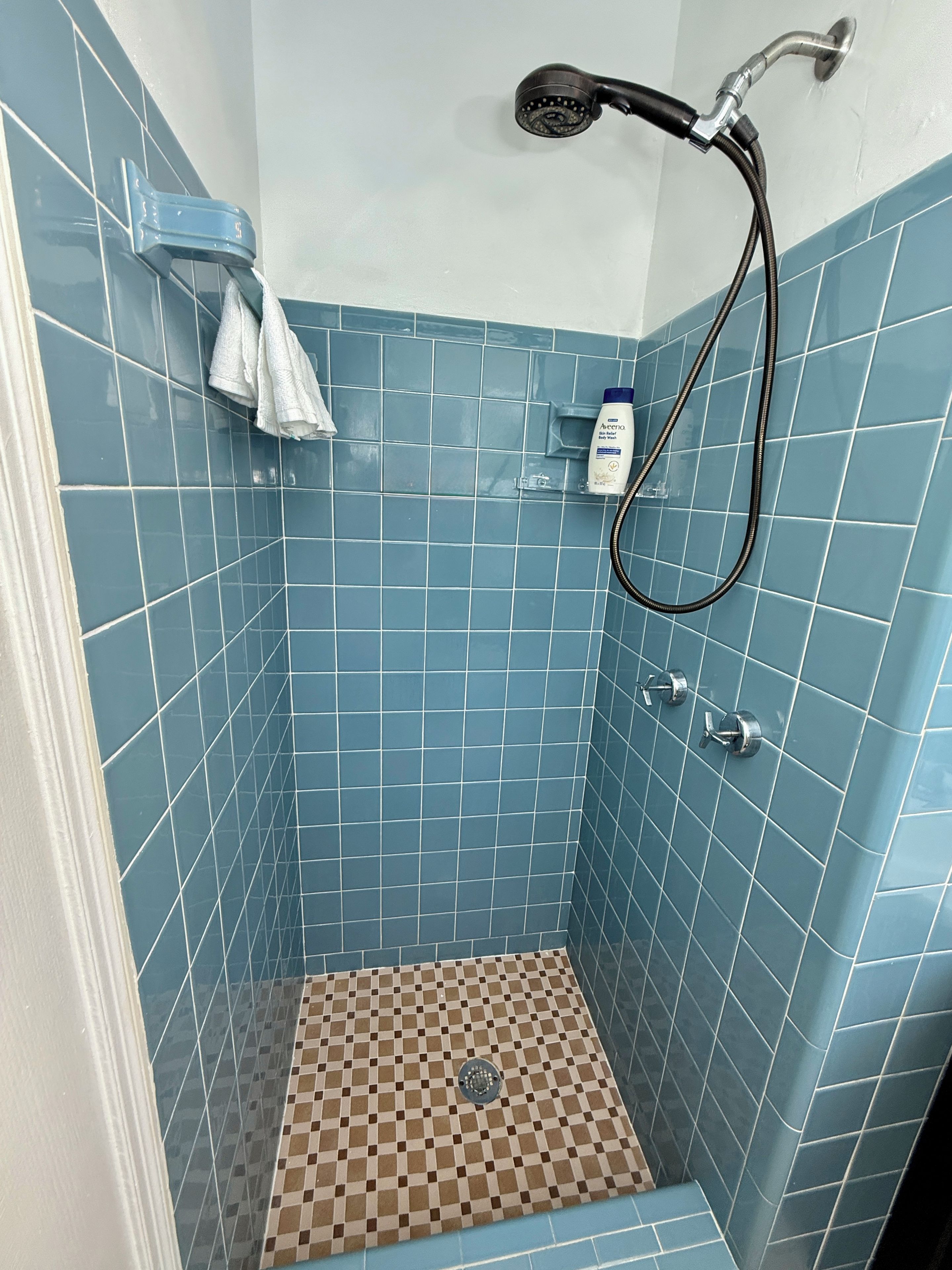 Ducha con azulejos azules, suelo a cuadros y cabezal de ducha manual.