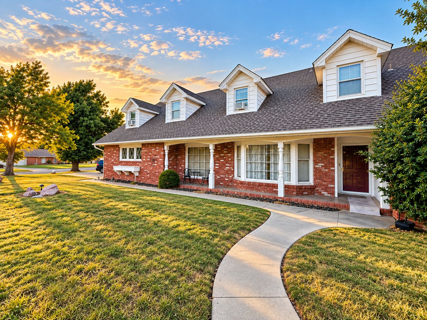 A two-story residential house with a brick facade, a covered porch, and a well-maintained lawn.