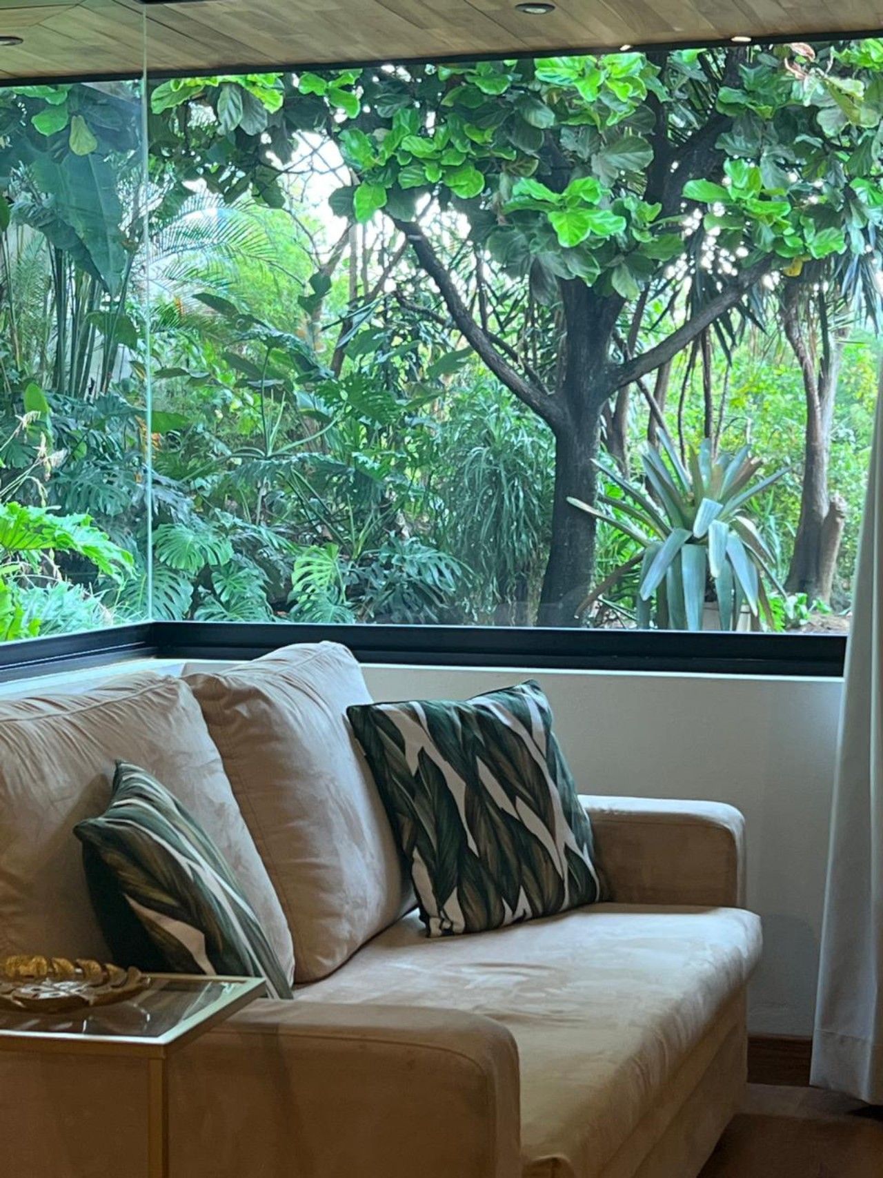 Una habitación con un sofá color crema, una mesa de centro de vidrio y vistas a un follaje verde exuberante a través de un ventanal grande.