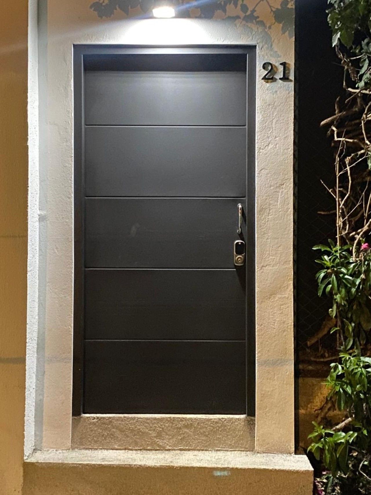 Una puerta oscura con manija y el número 21 en la parte superior.