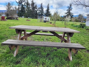 Ein Holztisch für ein Picknick in einer grünen, von Bäumen und einem Gebäude gesäumten Umgebung.
