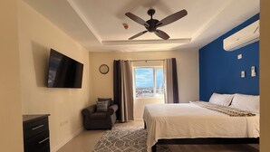 Un dormitorio con cama, televisión, ventilador de techo, ventana con cortinas y vistas al exterior.