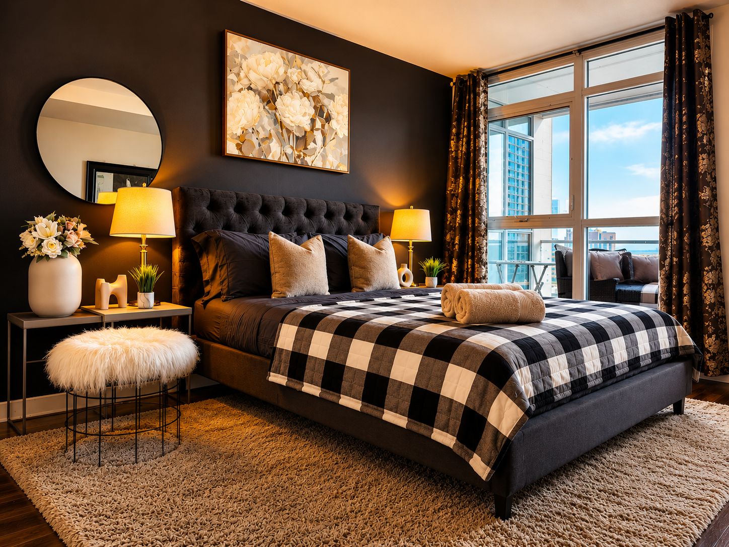 A modern bedroom with a large bed, two bedside tables, a round mirror, and a view of the city.
