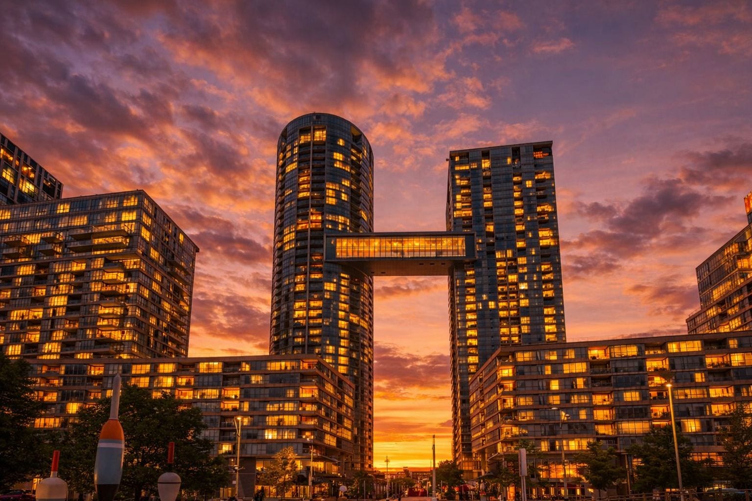 A modern high-rise building with a distinctive cantilevered bridge connecting two towers, surrounded by other high-rise buildings.