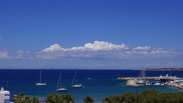 Un puerto deportivo con barcos y un cielo azul despejado.