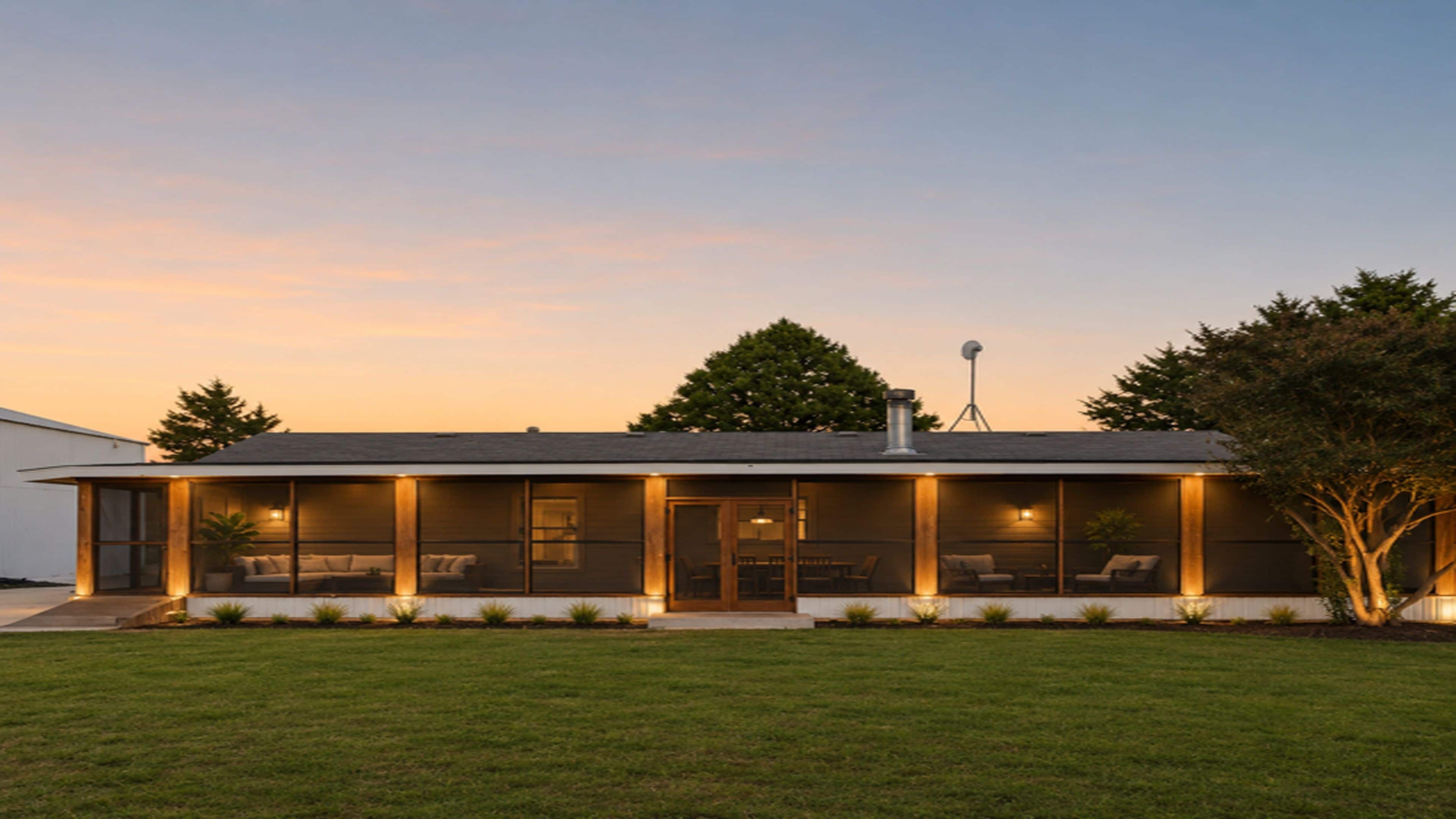 Ein modernes Haus mit überdachter Terrasse, großen Fenstern und einer Satellitenschüssel.