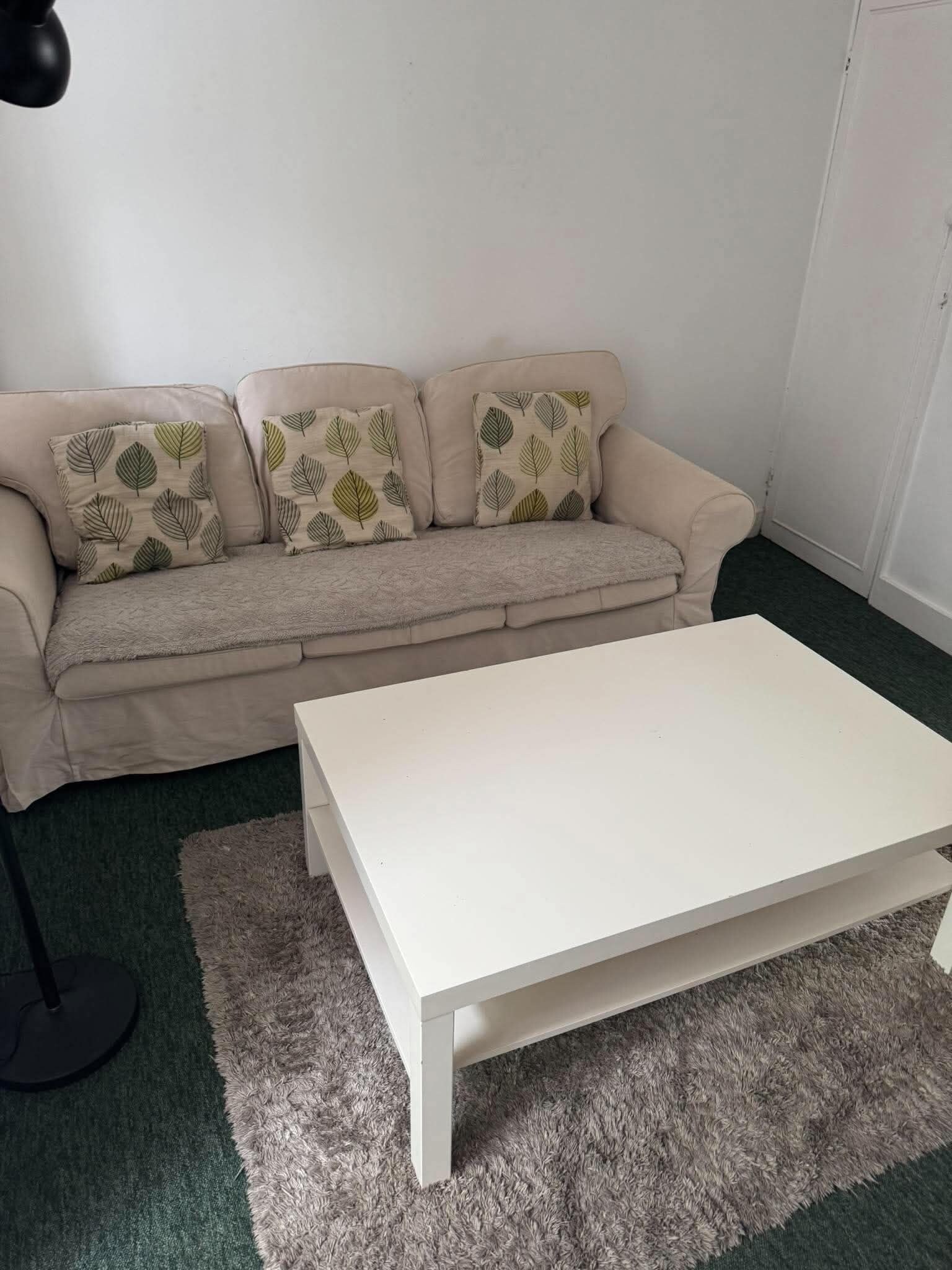 A beige sofa with leaf-patterned cushions, a white coffee table, and a shaggy rug.