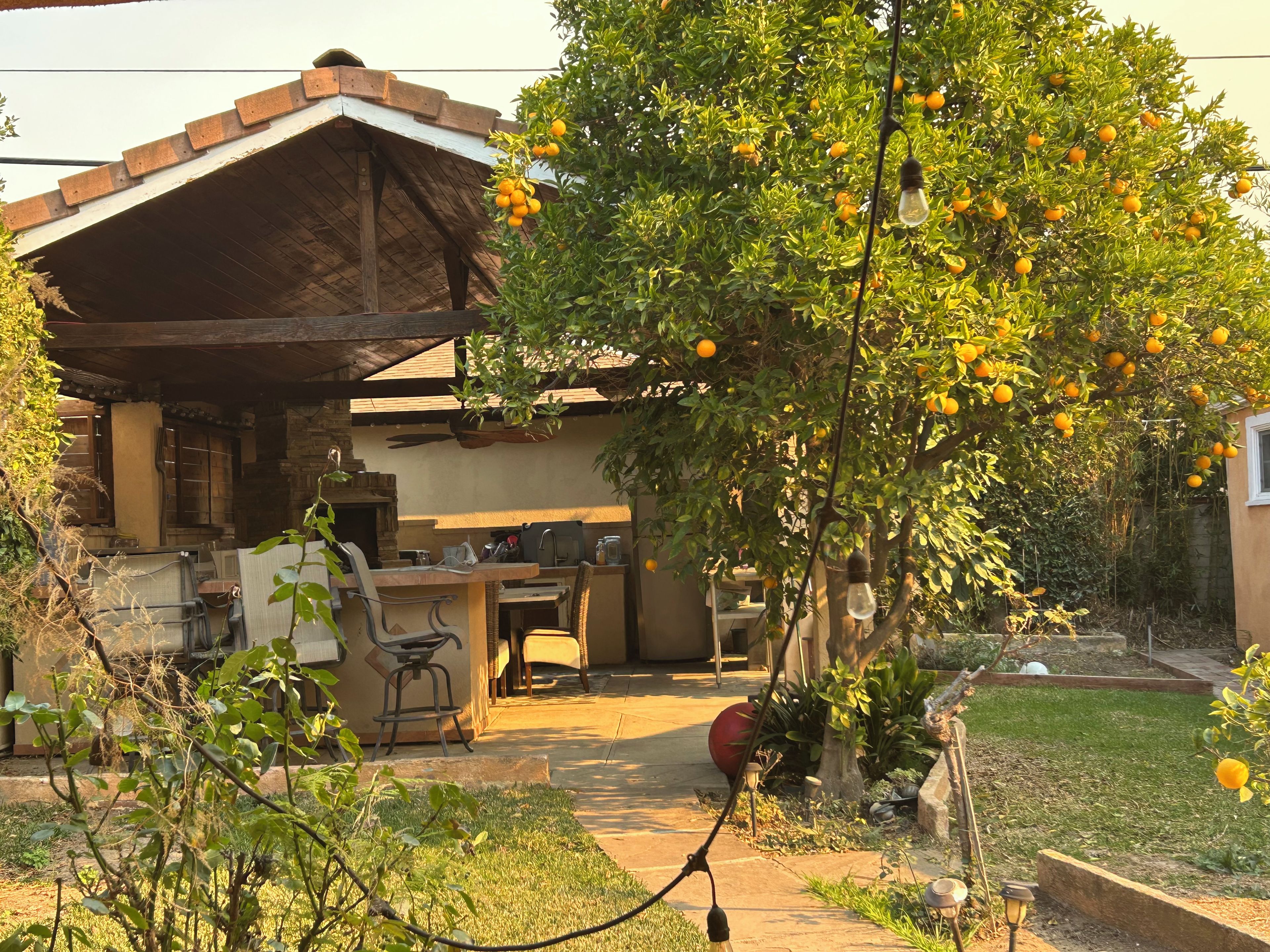 A covered outdoor area with a barbecue setup, a dining table with chairs, and a tree with ripe fruit.
