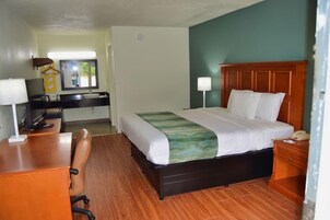 Una habitación de hotel con cama, escritorio, silla y espejo.