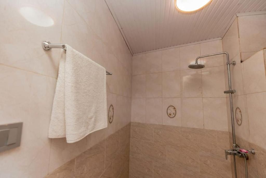 Ein Badezimmer mit Dusche, Handtuchhalter und einer Lampe.