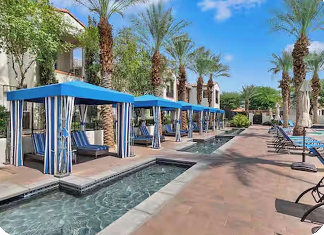 A pool area with lounge chairs and umbrellas, surrounded by palm trees and a clear sky.