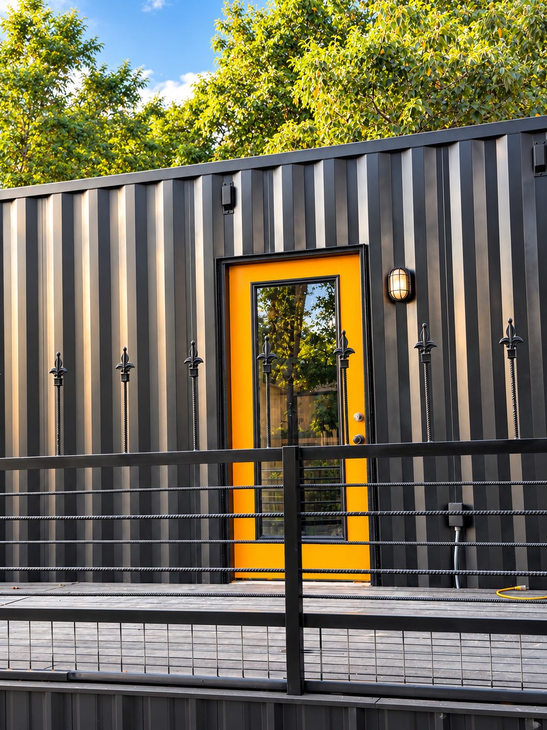 A modern building with a black and gray striped exterior, a yellow door, and a black metal fence in the foreground.