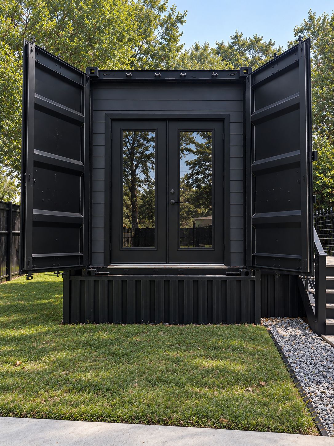 A black metal structure with two open panels, a central door, and a platform.