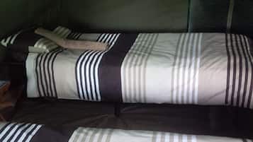 A room with two beds, each with striped bedding.
