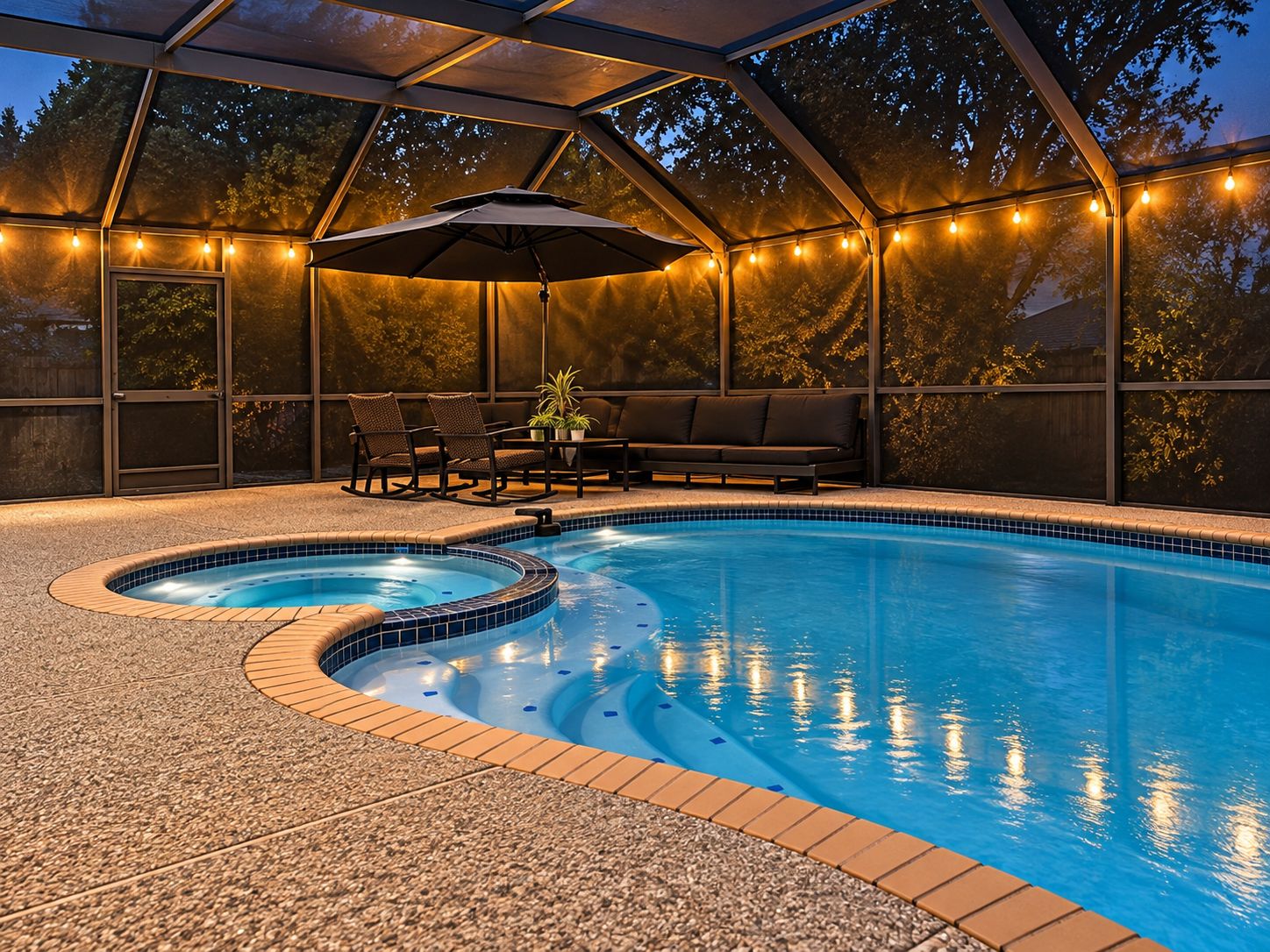 A swimming pool with a hot tub, surrounded by a covered patio with seating and string lights.