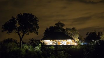 A house with a thatched roof surrounded by trees at night.
