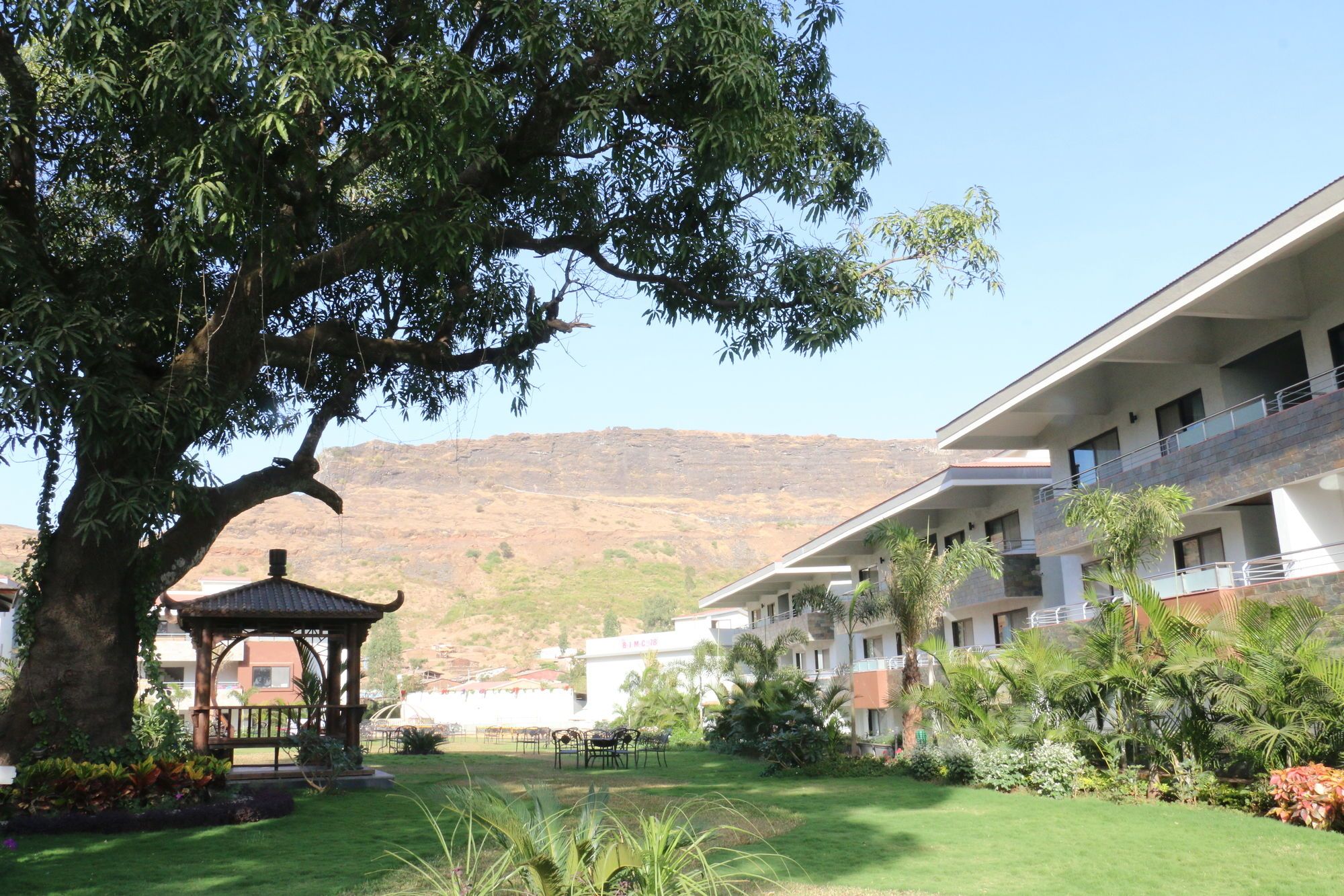 A hotel with a large tree, a gazebo, and a view of a mountain.