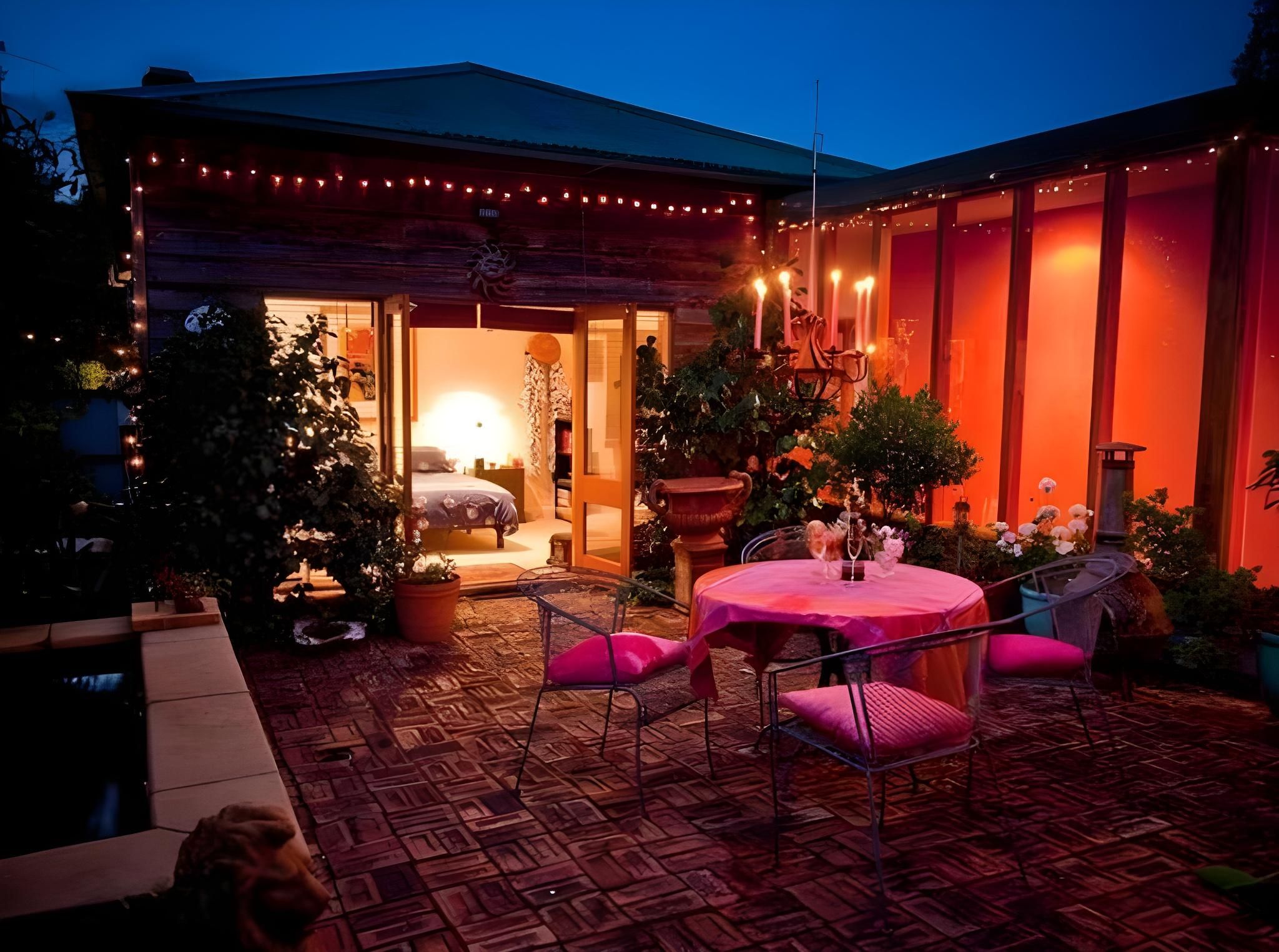 A patio area with a round table and chairs, a small indoor space with a bed, and a view of the sky.