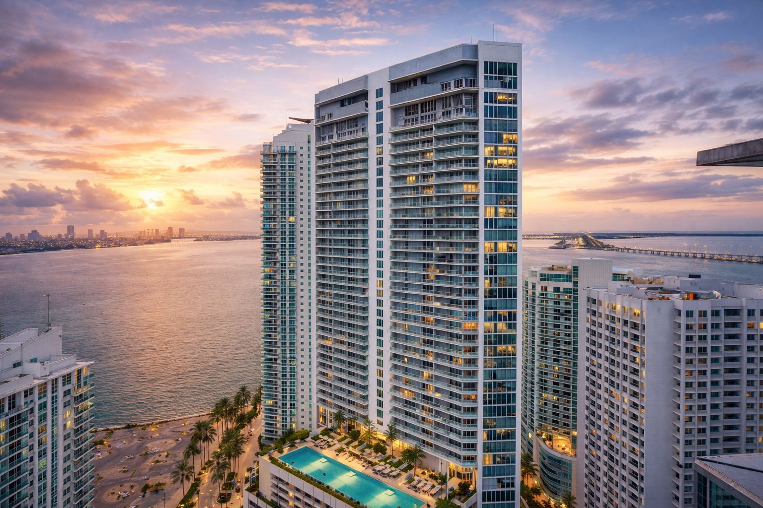 Ein Hochhaus mit mehreren Etagen, einem Pool auf dem Dach und Blick aufs Meer.
