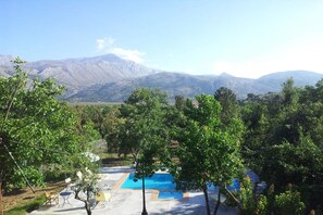 A pool area with a mountain backdrop, surrounded by trees. - Zeus House (Lasithi Plateau)
