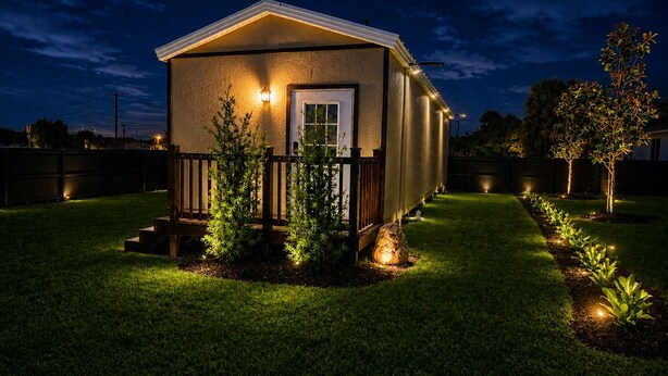 A small, single-story house with a porch, surrounded by a well-lit lawn and a row of trees. - Modern Independent Tiny House (Lehigh Acres)