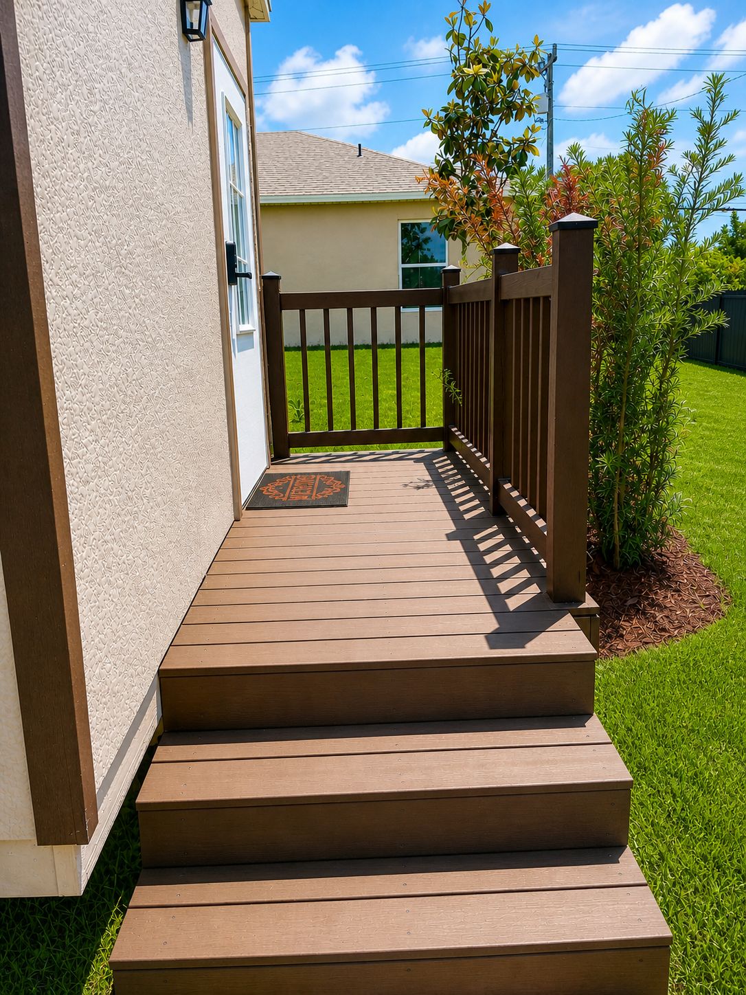 A wooden deck leading to a house with a gated entrance, a doormat, and a well-maintained lawn.