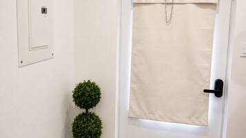 A room with a white door, a potted plant, a wooden table, and a power outlet on the wall.