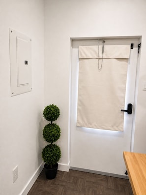 Una habitació amb una porta blanca, una planta en test, una taula de fusta i una presa de corrent a la paret.