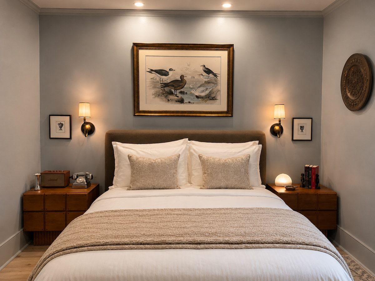 Quarto com uma cama grande, duas mesas de cabeceira, uma obra de arte emoldurada sobre a cama e arandelas de parede.
