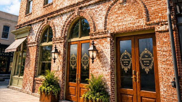 Een gebouw van baksteen met boogvormige ramen en deuren, aangeduid als 'The Keystone Hotel'.
