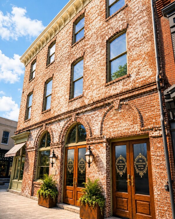 A brick building with arched windows and doors, labeled as 'The Keystone Hotel.' - Ethan's Room at Keystone Hotel - 207 (Savannah)