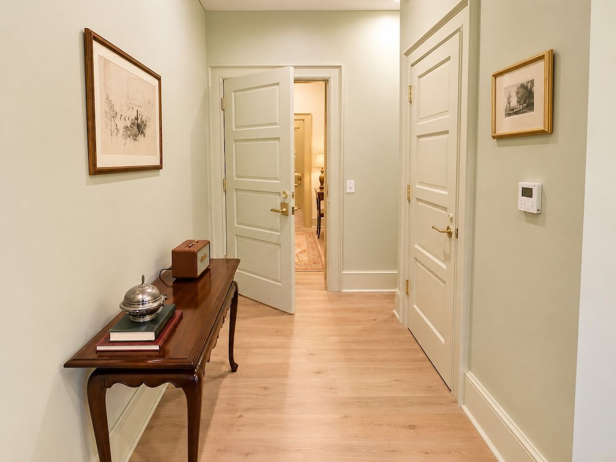 Um corredor com uma mesa de madeira, quadros decorativos e uma porta que dá para outro quarto.