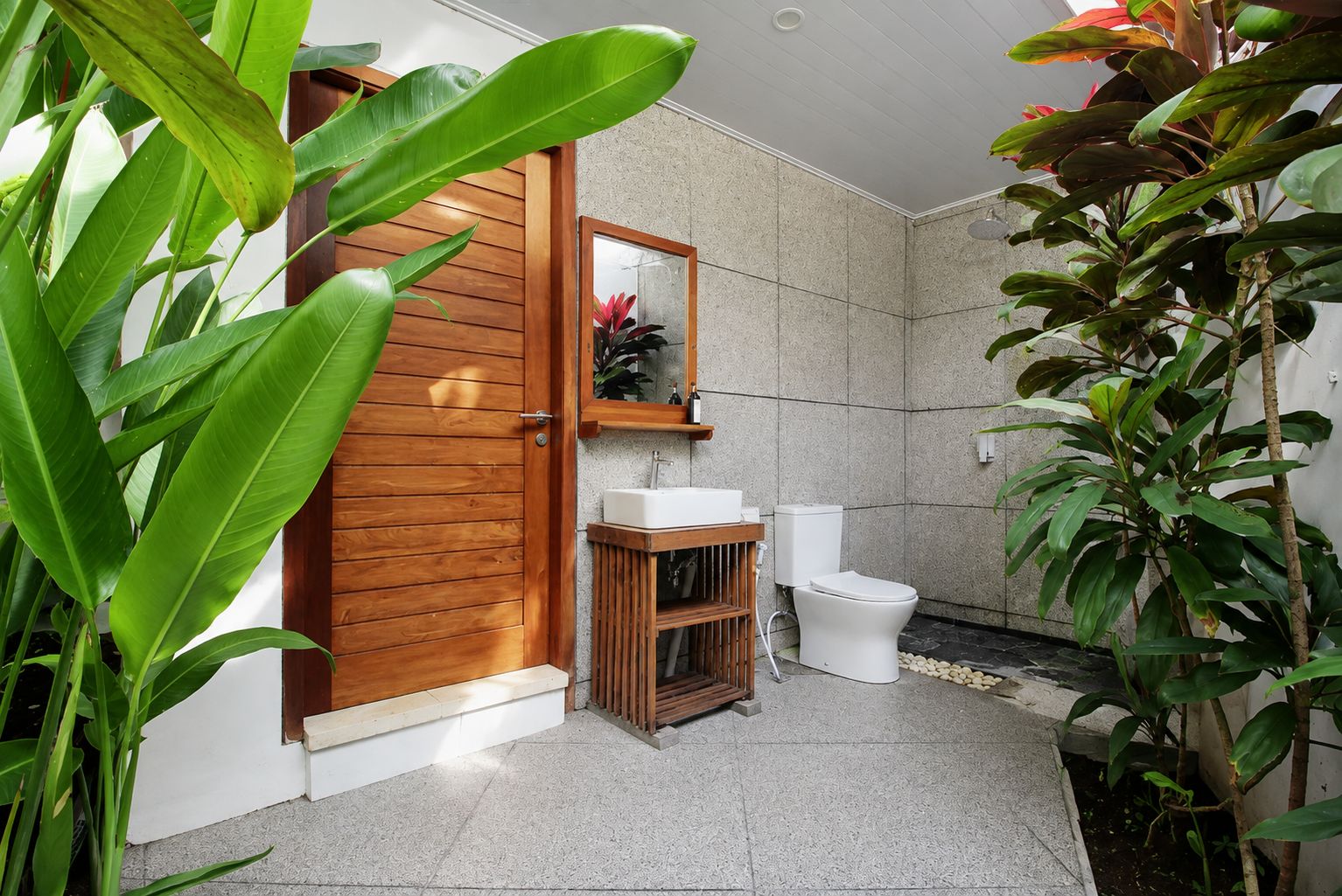 A bathroom with a wooden door, a mirror, a sink, and a toilet.