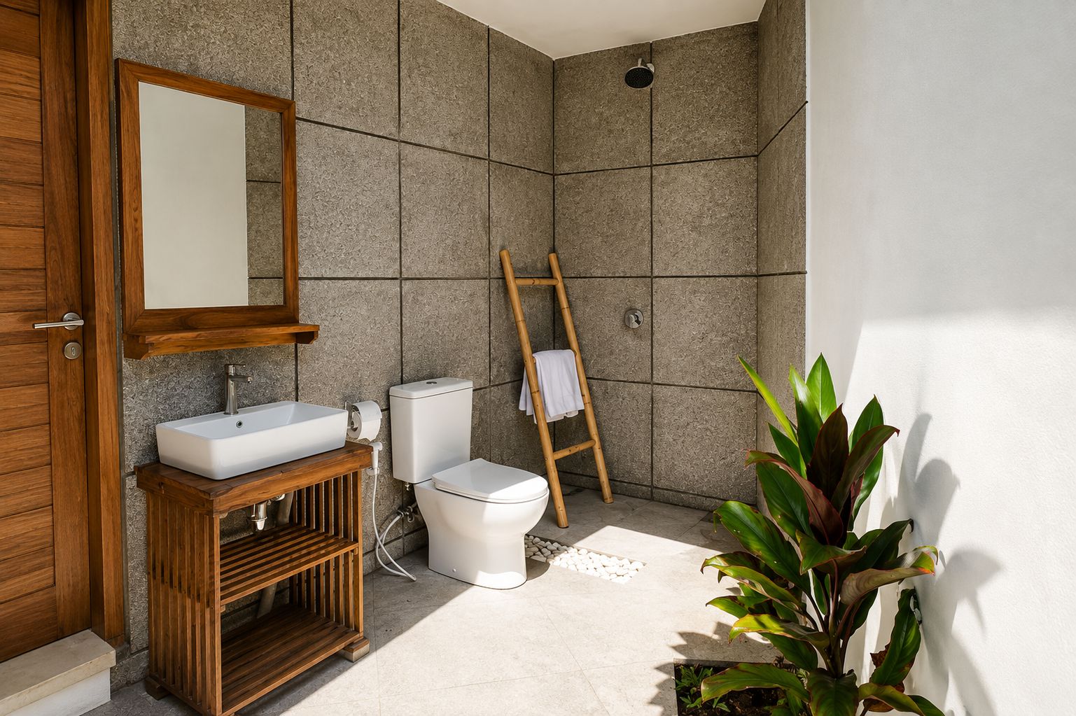 A bathroom with a wooden vanity, a white sink, a toilet, and a shower area with a bamboo ladder.