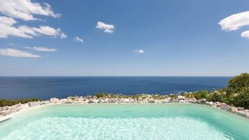 A clear blue sky, a calm sea, and a pool with a rocky shoreline.