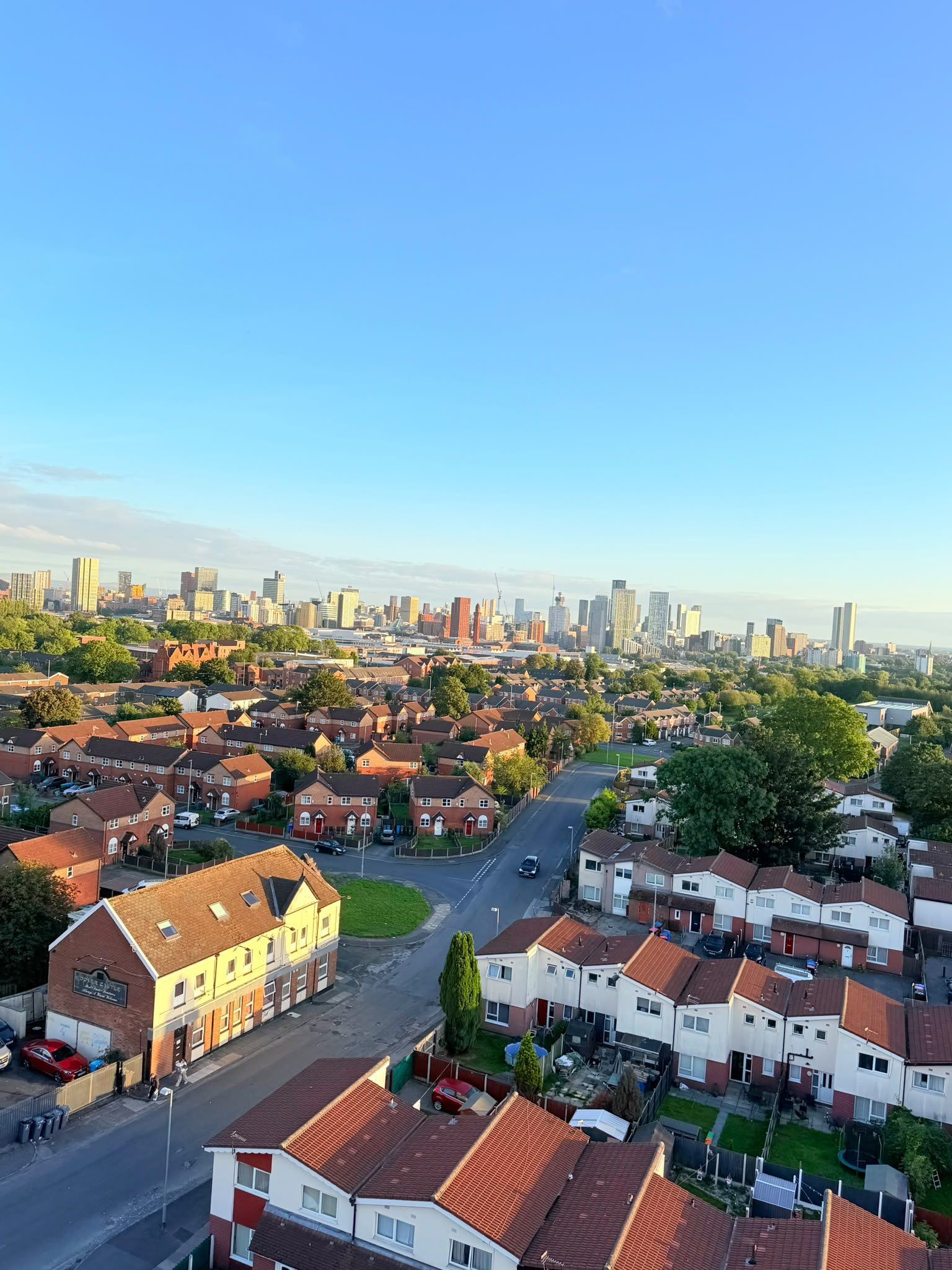 A residential area with houses, a road, and a distant city skyline.