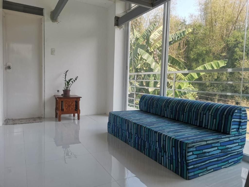 A modern room with a large window, a patterned sofa, and a small wooden table with a plant.