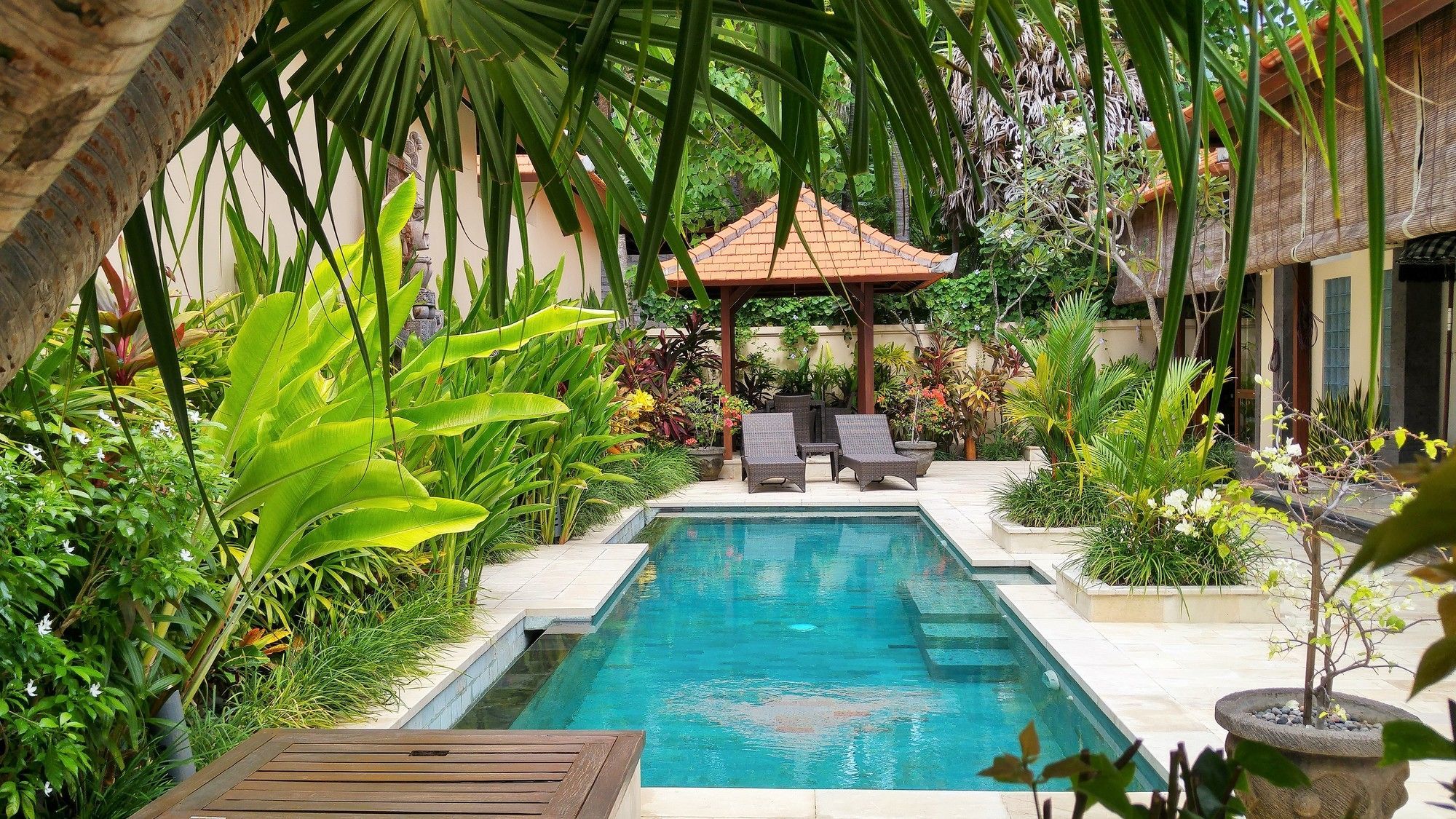 A swimming pool with lounge chairs and a gazebo surrounded by lush tropical plants.