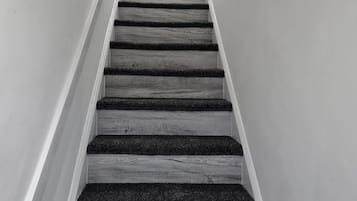 A staircase with wooden steps and carpeted risers, leading to a white door at the top.